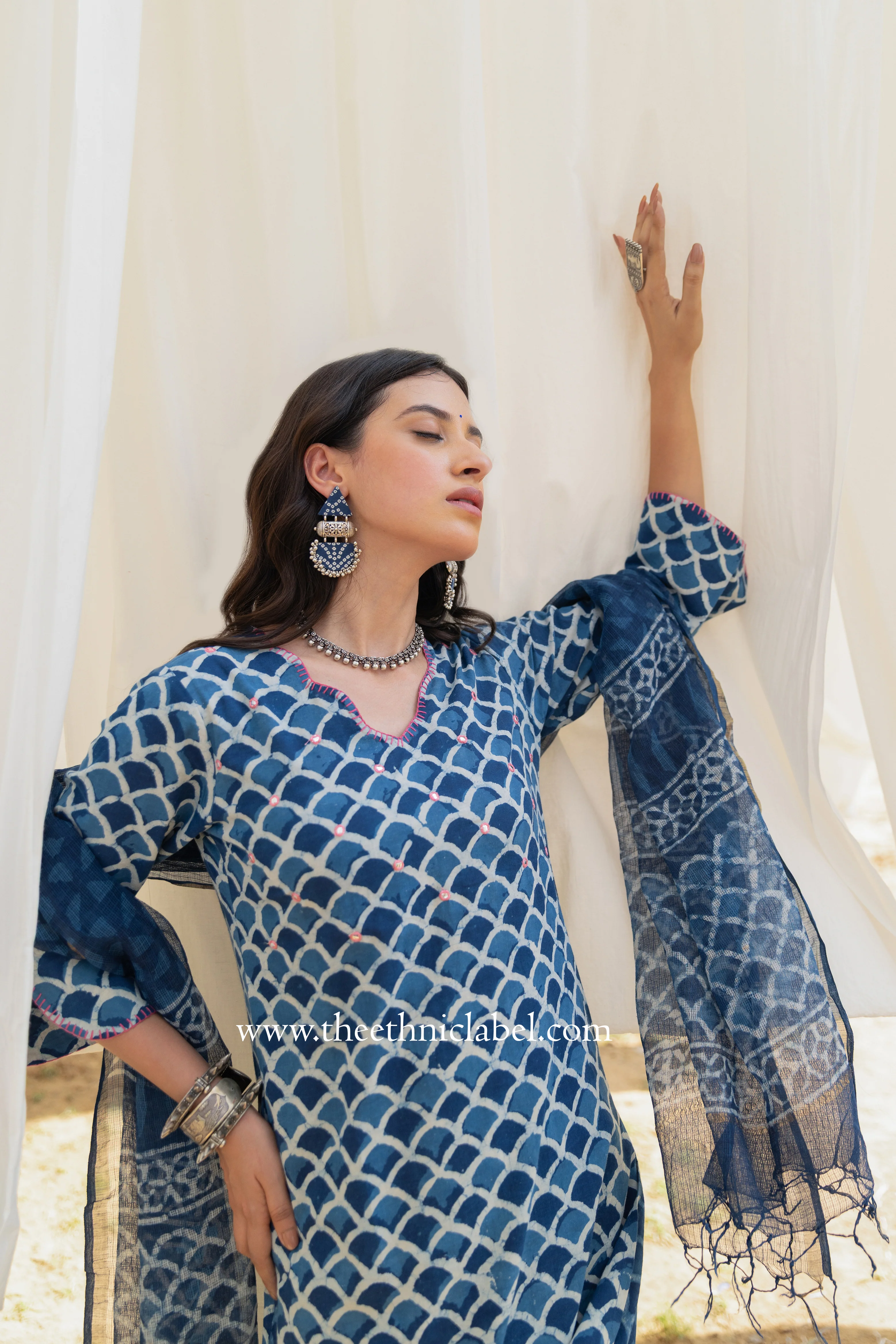 "Khwaab" Cotton Kurta Set with Kota Doria Dupatta (3pc) - Image 5