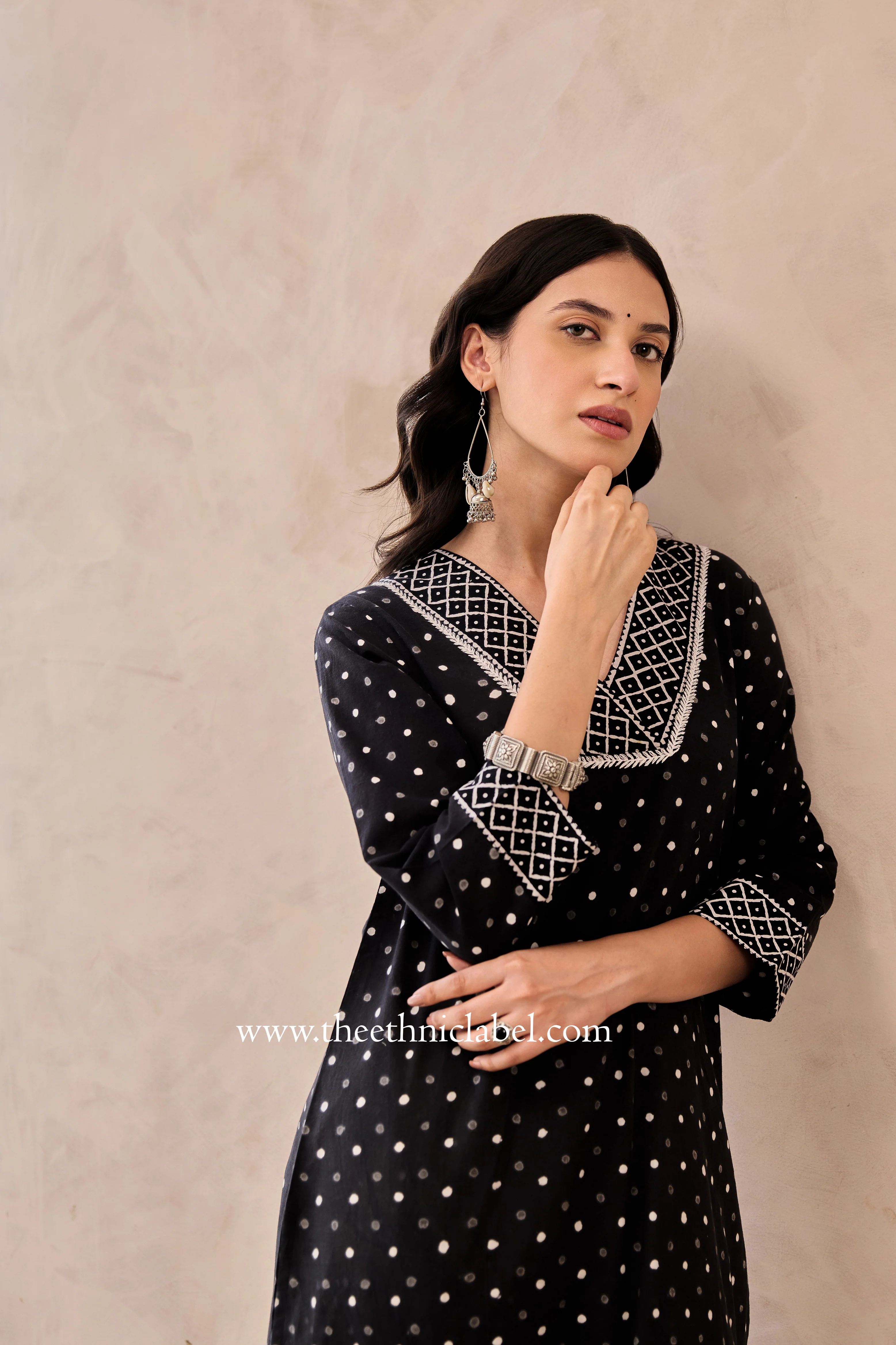 "Siyahi" Black Polka Hand Block Printed Cotton Kurta - Image 6